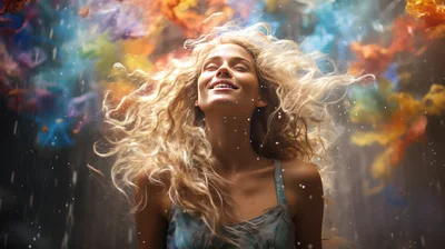 Woman With Flowing Blonde Hair Amidst Colorful Smoke