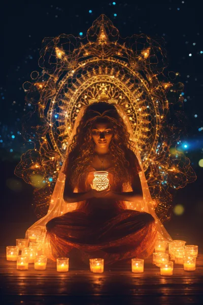 Woman Meditating With Glowing Lantern And Candles