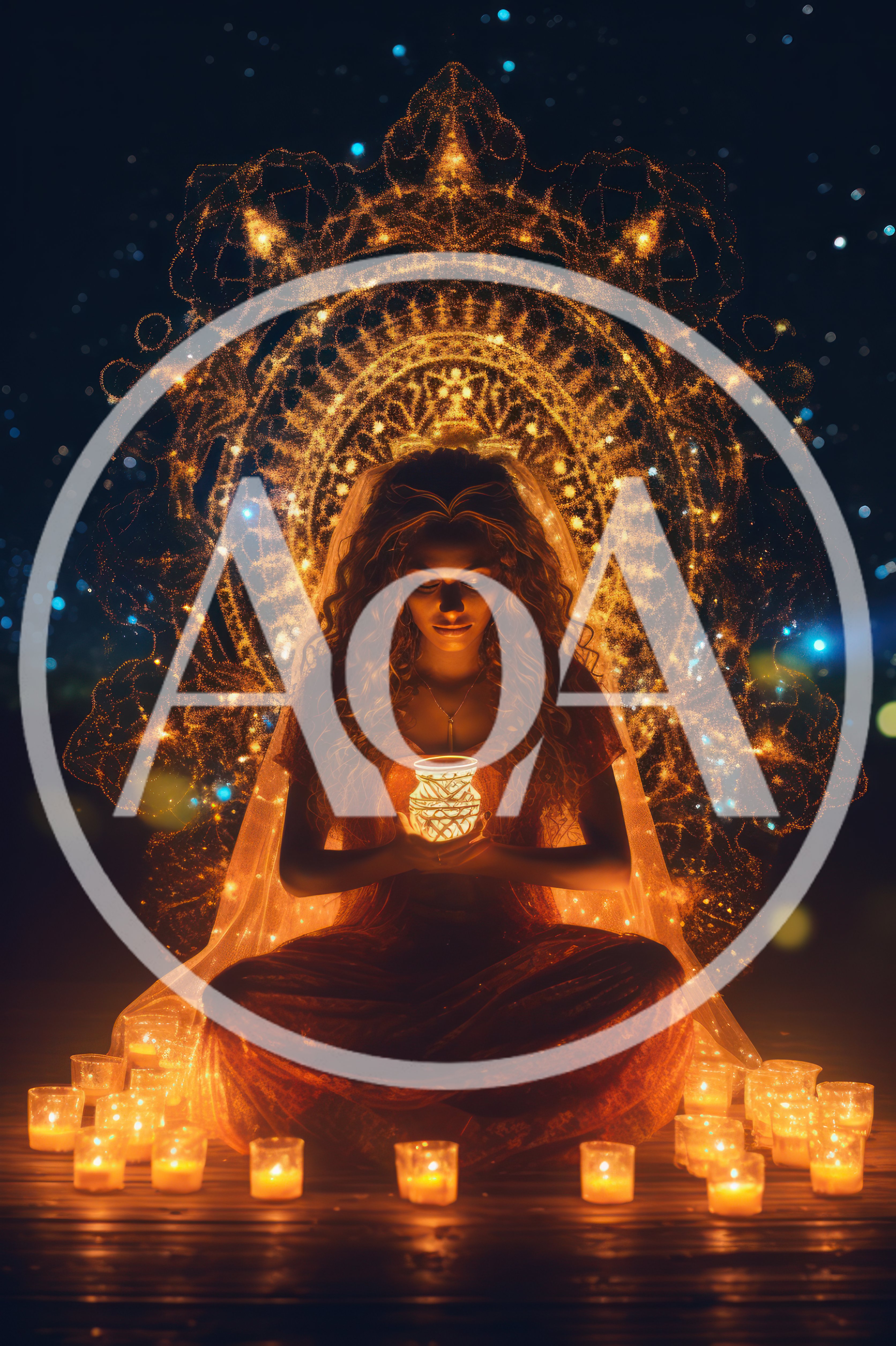 Woman Meditating With Glowing Lantern And Candles