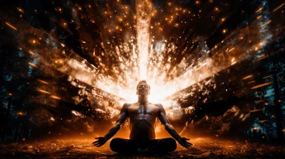Man Meditating With Explosive Golden Energy Aura