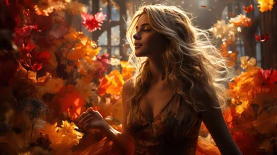 Blonde Woman Standing Amidst Vibrant Autumn Flowers