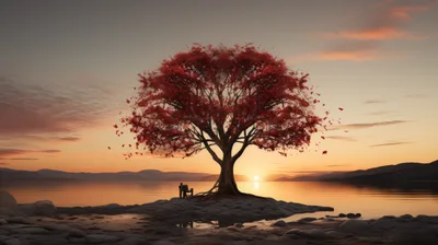 Couple Sitting Under A Red Tree At Sunset