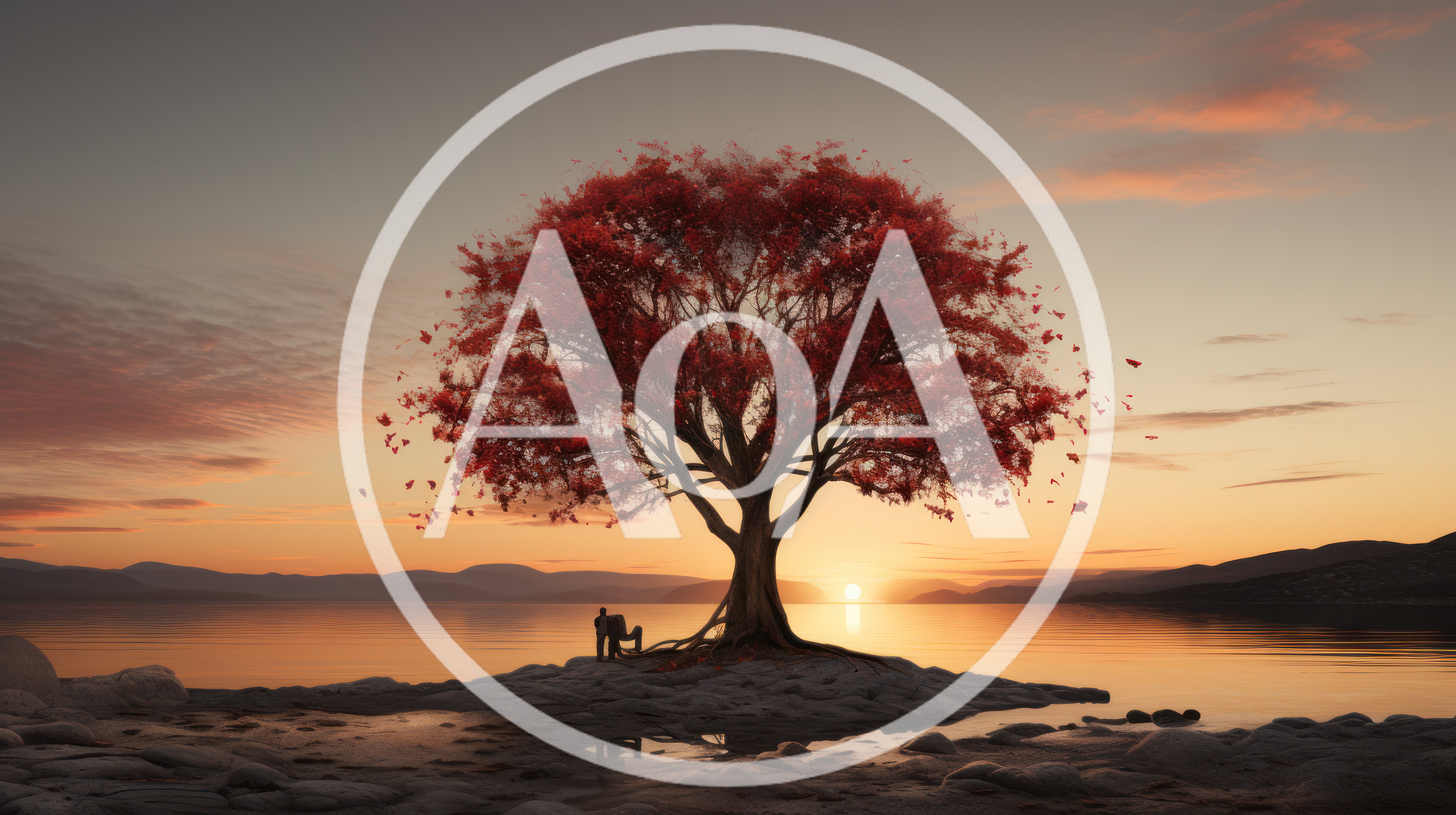 Couple Sitting Under A Red Tree At Sunset