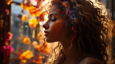 Portrait Of A Woman With Curly Hair And Floral Makeup