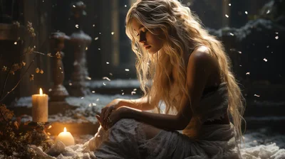 Melancholic Blonde Woman Sitting Amidst Candles and Snow