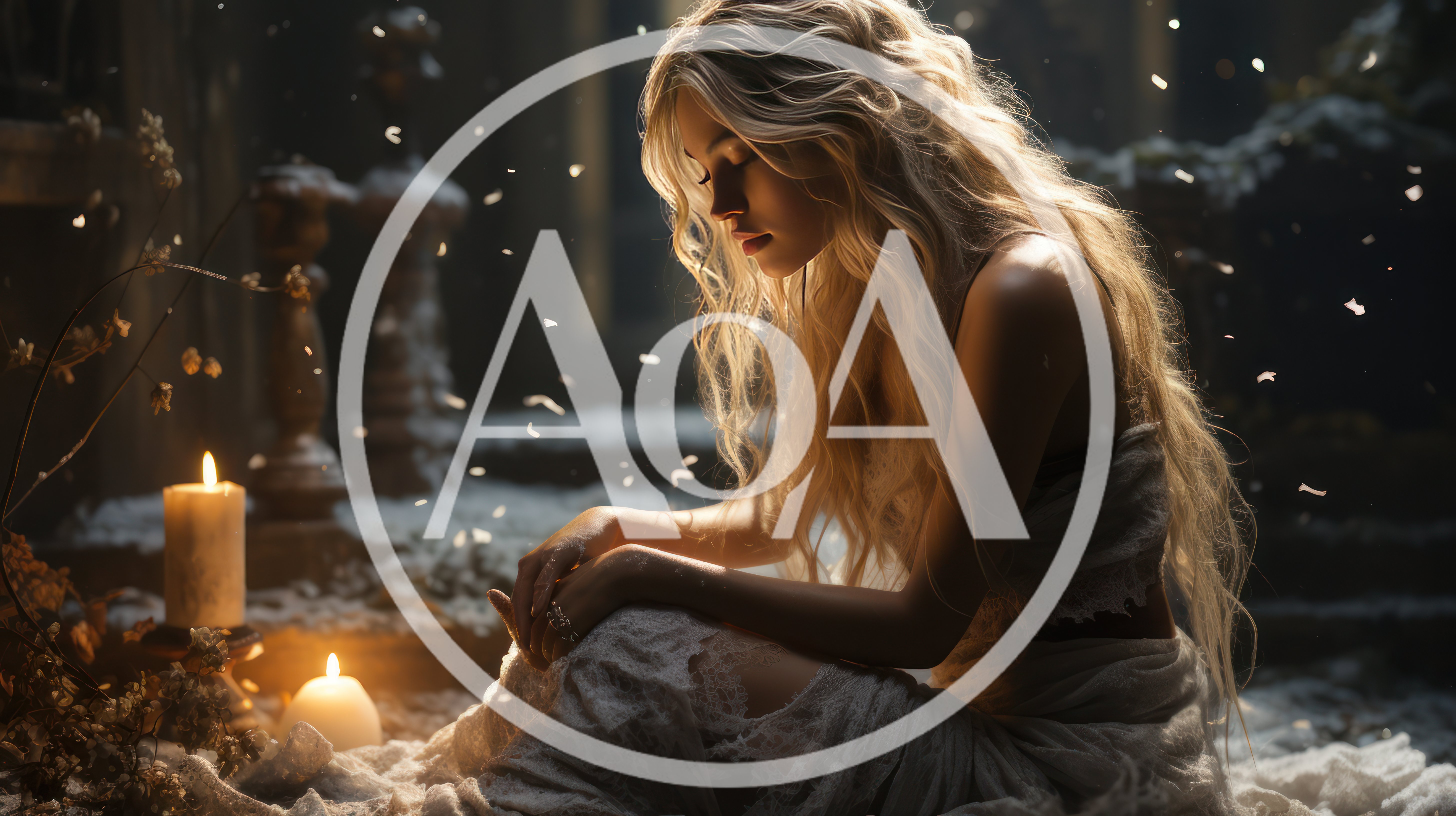 Melancholic Blonde Woman Sitting Amidst Candles and Snow