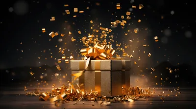 Golden Gift Box With Falling Confetti