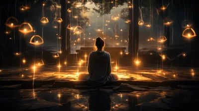 Person Meditating Amidst Floating Glowing Lanterns