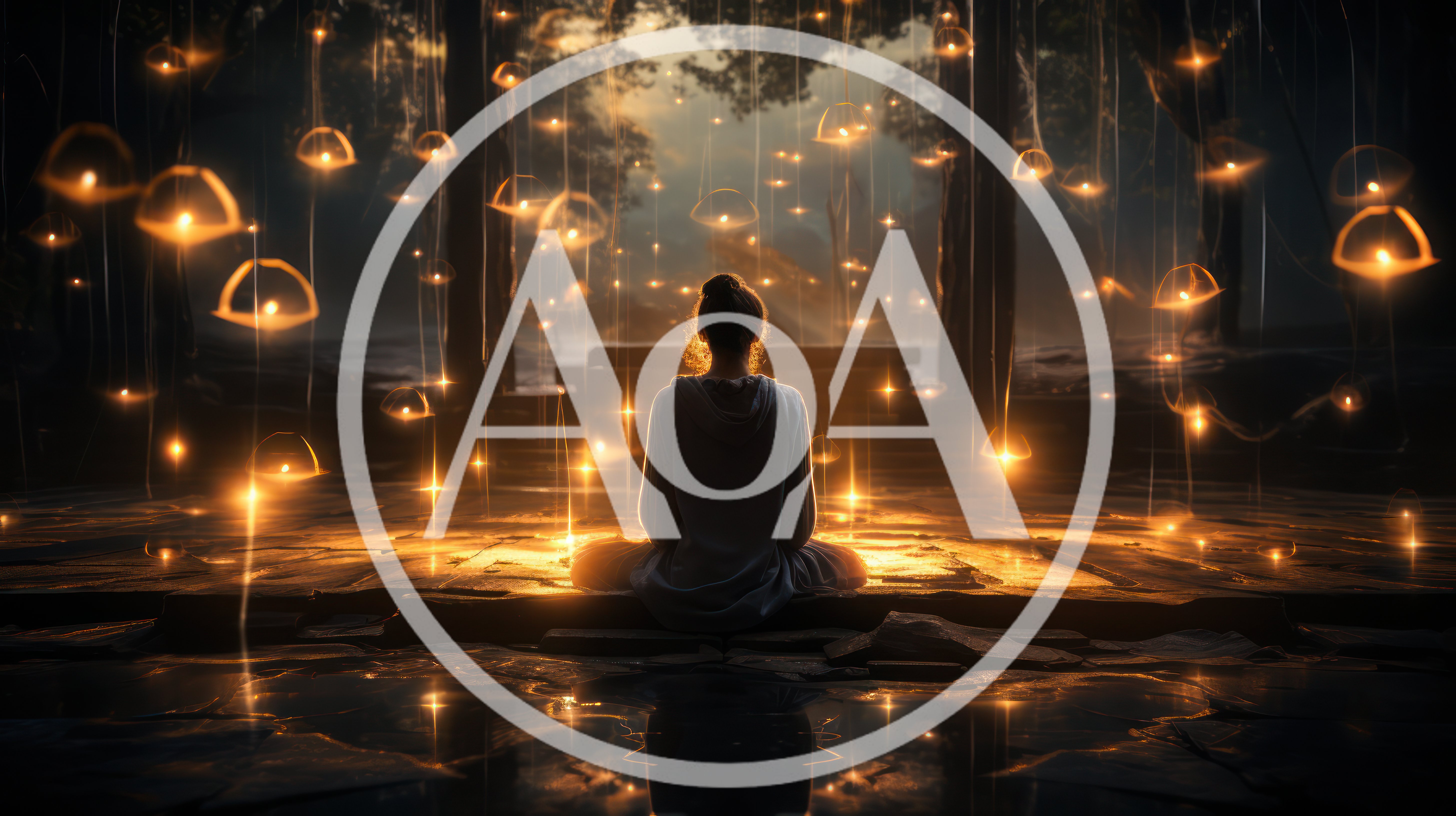 Person Meditating Amidst Floating Glowing Lanterns
