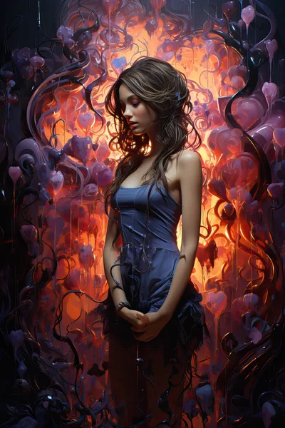 Surreal Portrait Of A Woman Amidst Glowing Heart Shapes