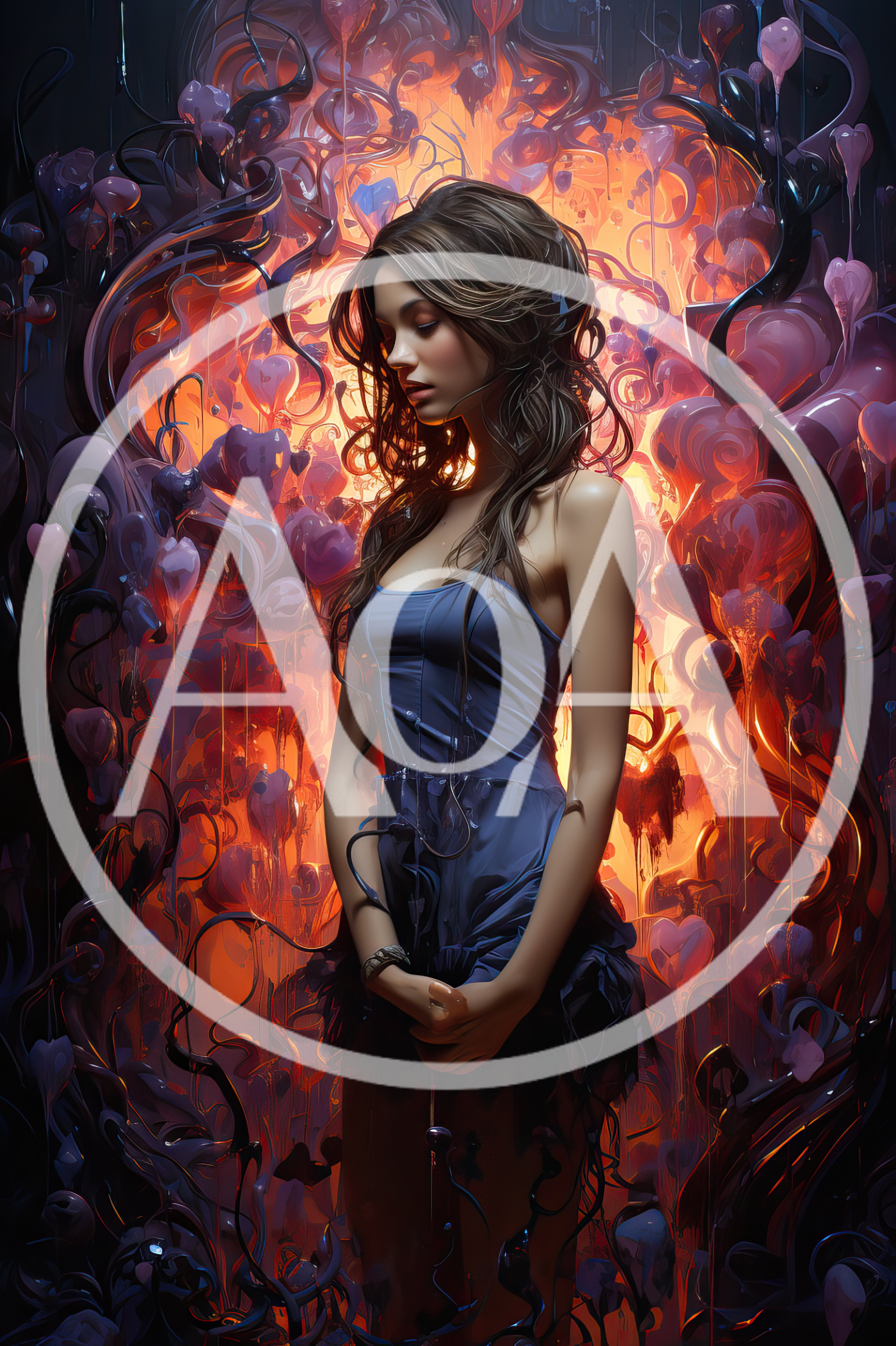Surreal Portrait Of A Woman Amidst Glowing Heart Shapes