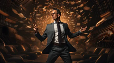 Businessman Performing Dramatic Gesture Amidst Flying Papers