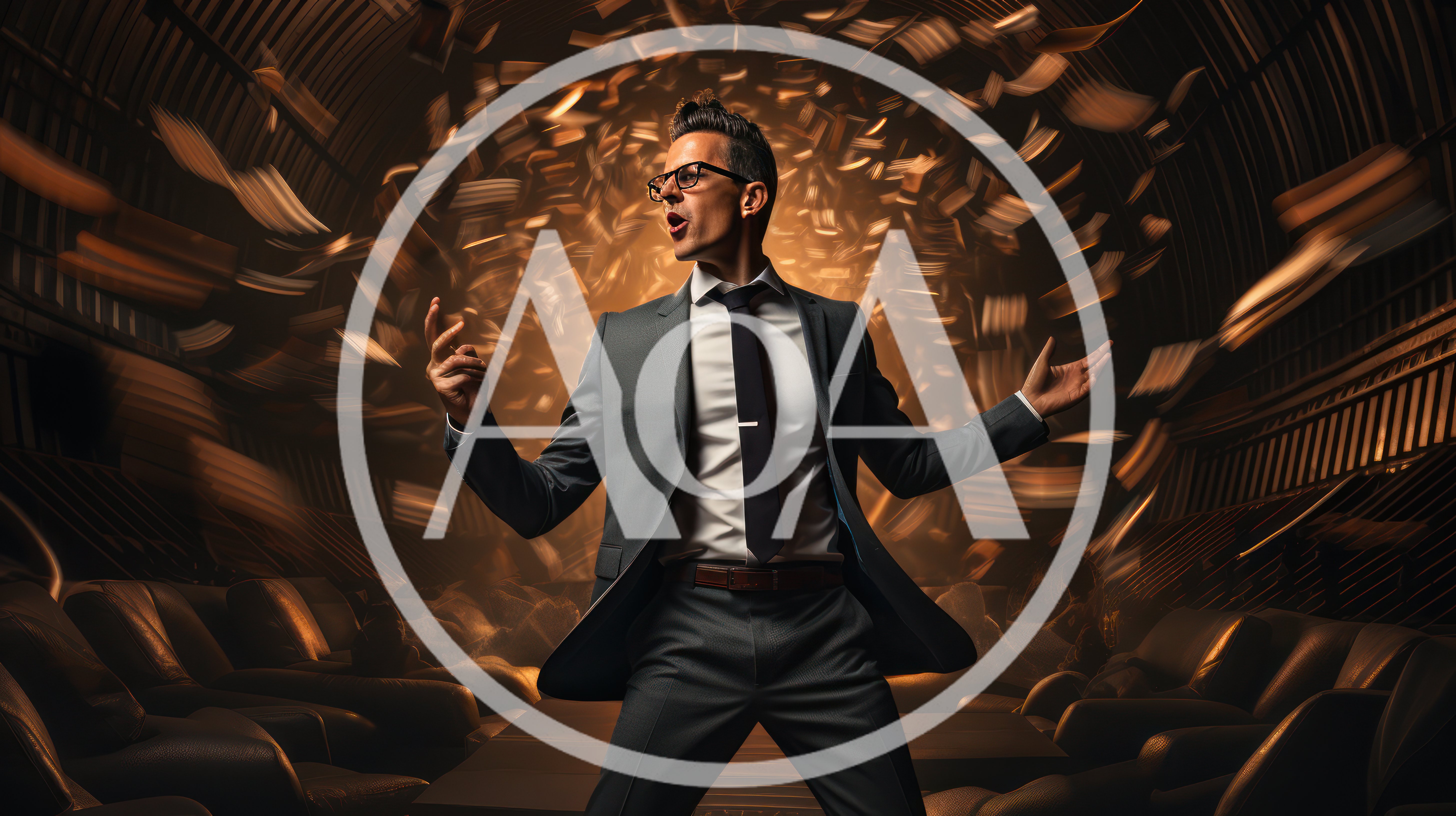 Businessman Performing Dramatic Gesture Amidst Flying Papers