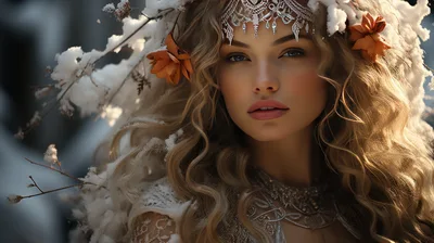 Portrait Of A Winter Goddess With Floral Crown