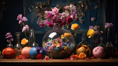Still Life Arrangement Of Flowers And Fruit