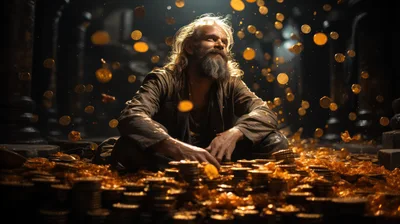 Bearded Man Sitting Amidst A Massive Pile Of Gold