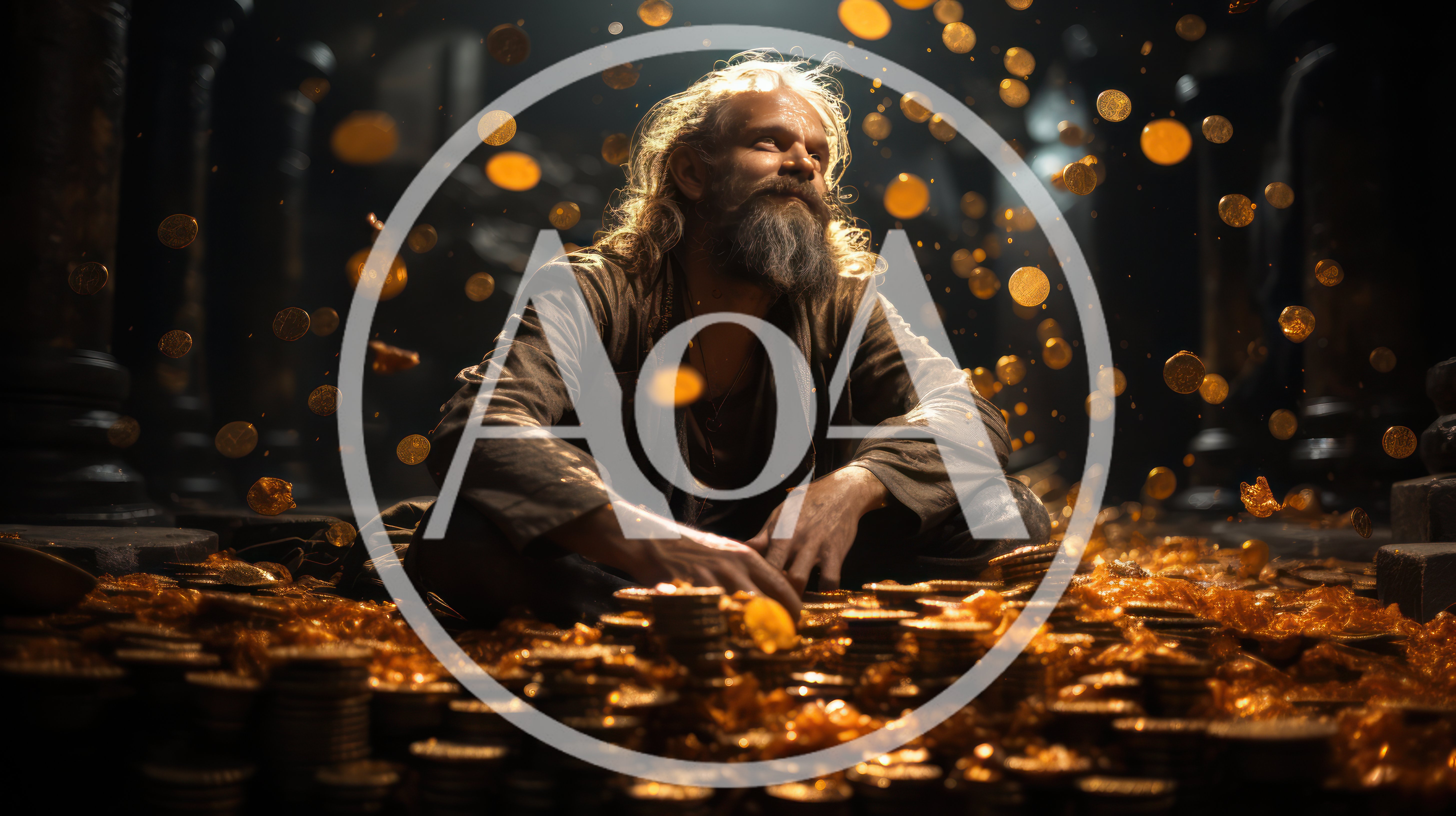 Bearded Man Sitting Amidst A Massive Pile Of Gold