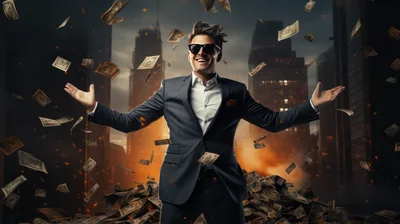 Successful Businessman Standing Amidst Falling Money In City