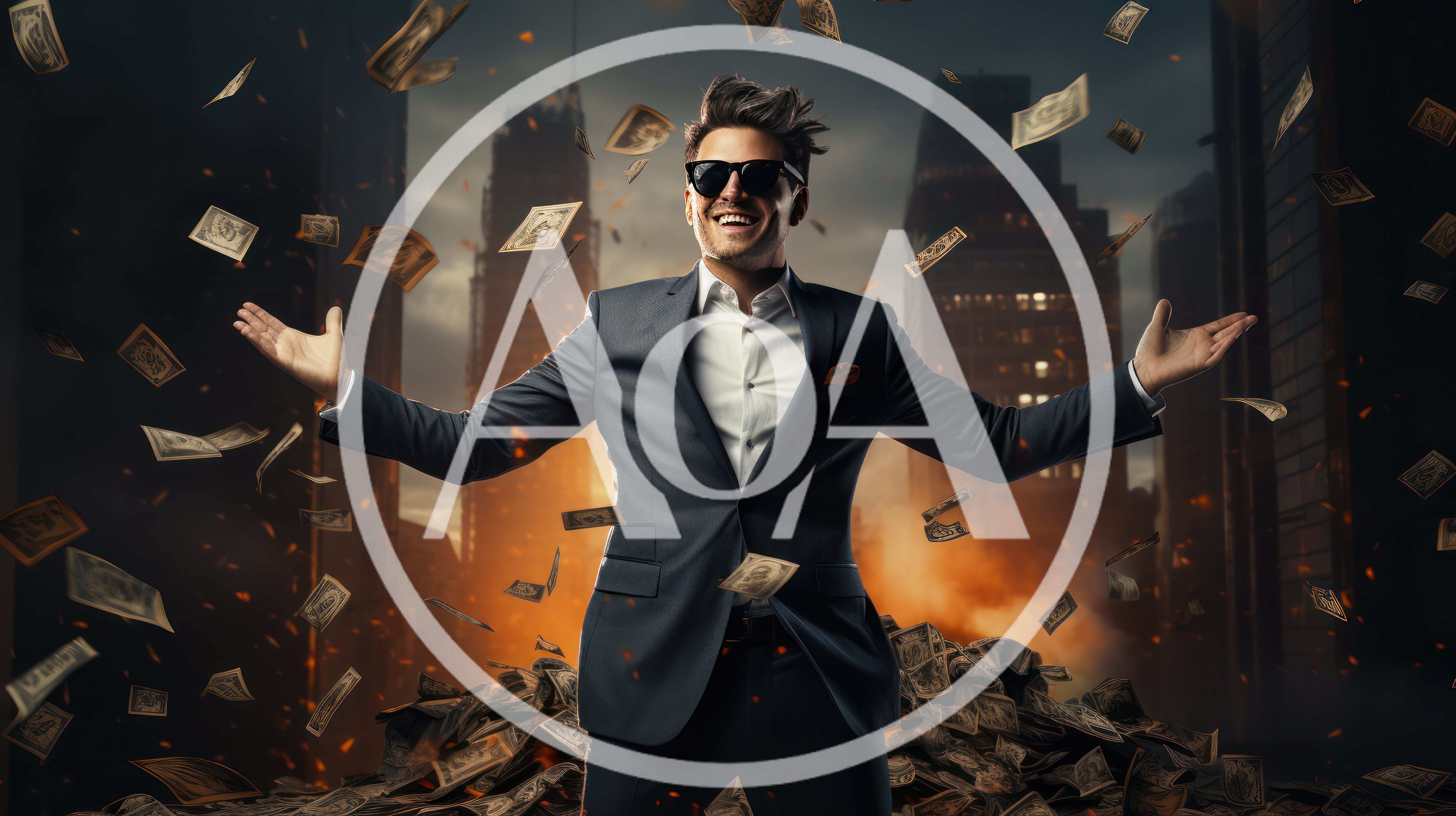 Successful Businessman Standing Amidst Falling Money In City