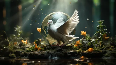 White Dove Standing Before A Glowing Earth Globe