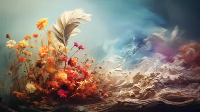 Abstract Floral Arrangement With Floating Feather