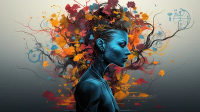 Surreal Portrait Of A Blue Humanoid Figure With Floral Hair