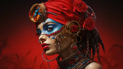 Steampunk Woman With Red Headwrap And Floral Accents