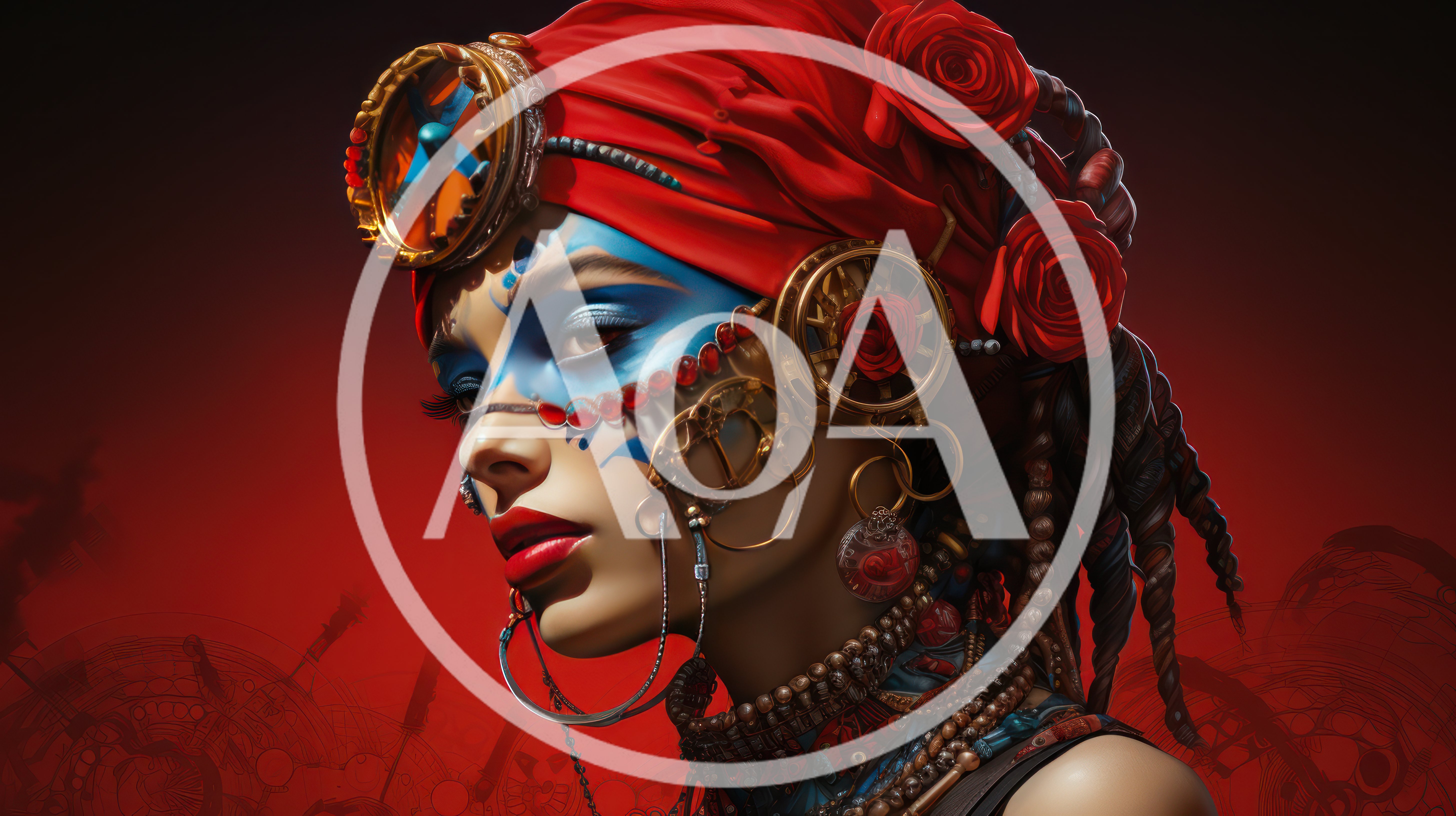 Steampunk Woman With Red Headwrap And Floral Accents