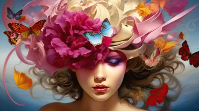 Surreal Portrait Of Woman With Floral Butterfly Headdress