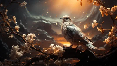 Small Bird Perched On Flowering Branch At Sunset