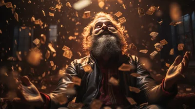 Man With Beard Celebrating Under Falling Money