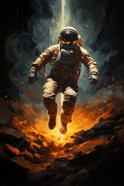 Astronaut Floating Above A Fiery Impact Crater