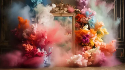 Ornate Mirror Surrounded By Vibrant Colorful Smoke Clouds