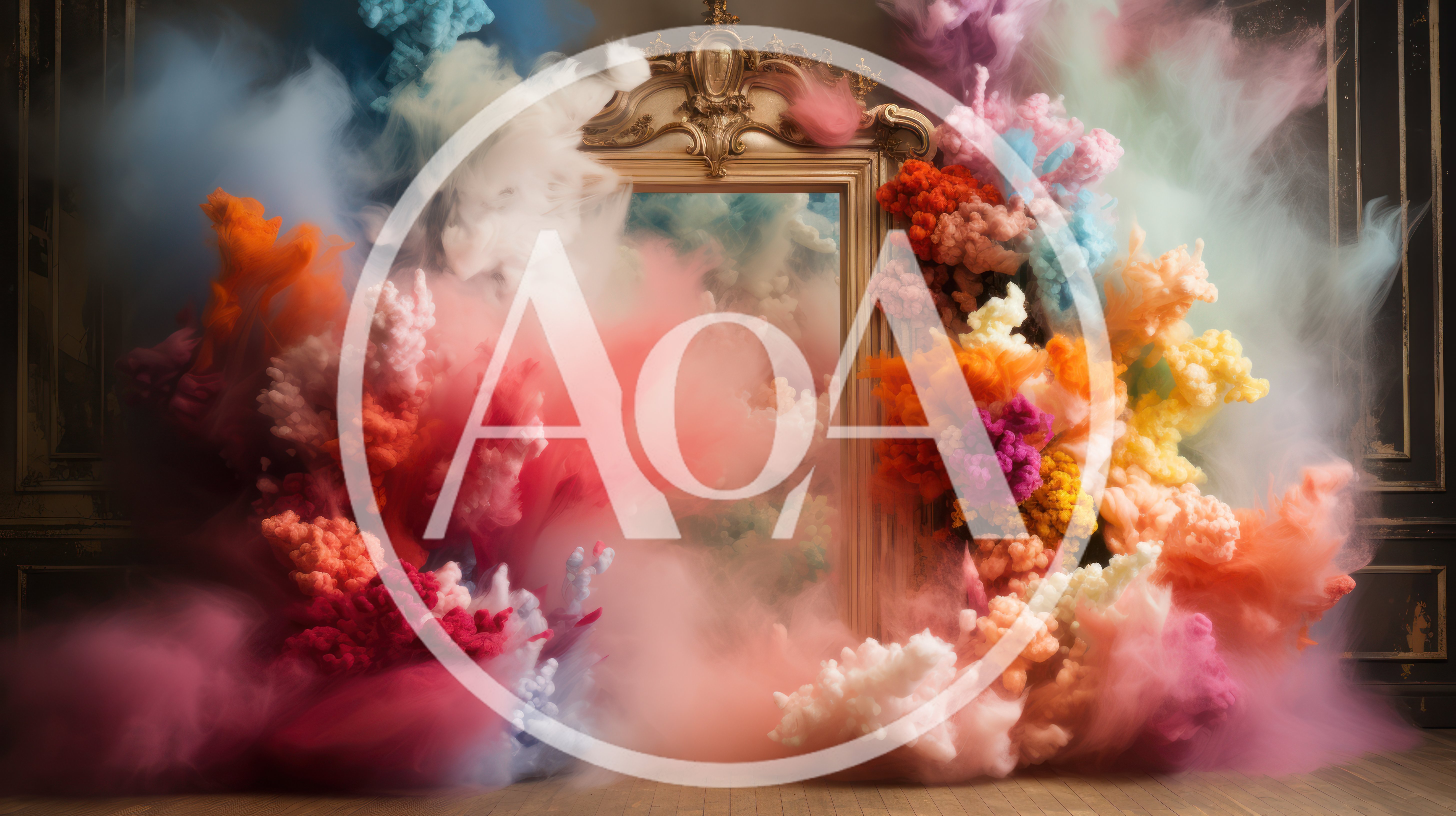 Ornate Mirror Surrounded By Vibrant Colorful Smoke Clouds