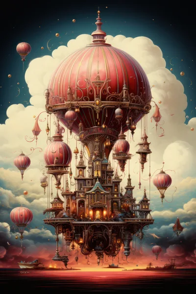 Steampunk Floating Castle With Hot Air Balloons