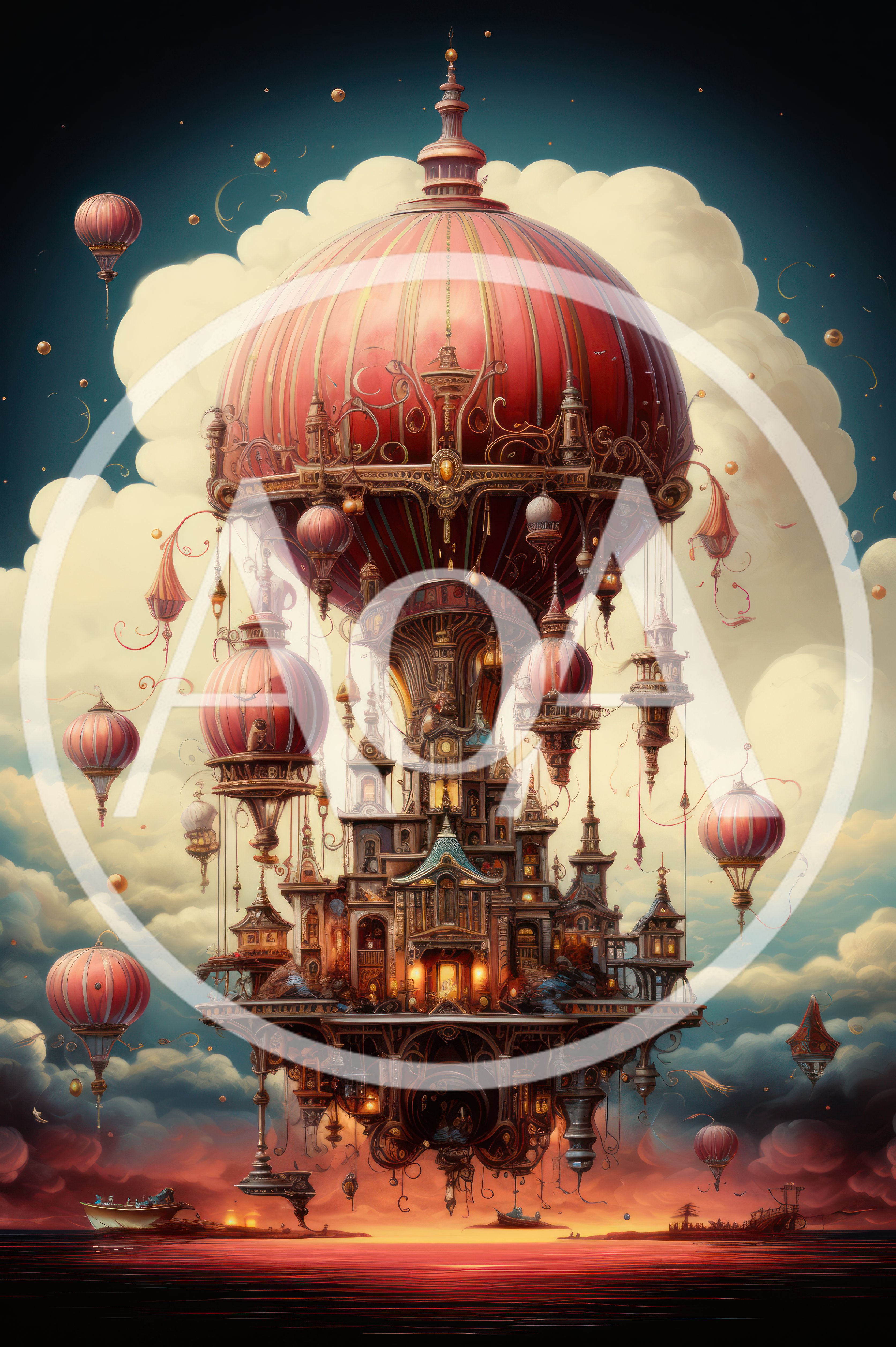 Steampunk Floating Castle With Hot Air Balloons