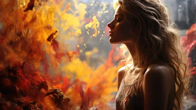 Young Woman Standing Before Vibrant Autumn Foliage