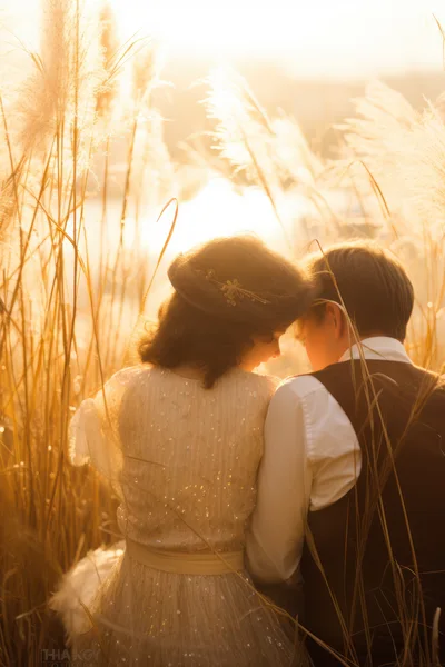 Romantic Couple Sitting Together In Golden Tall Grass