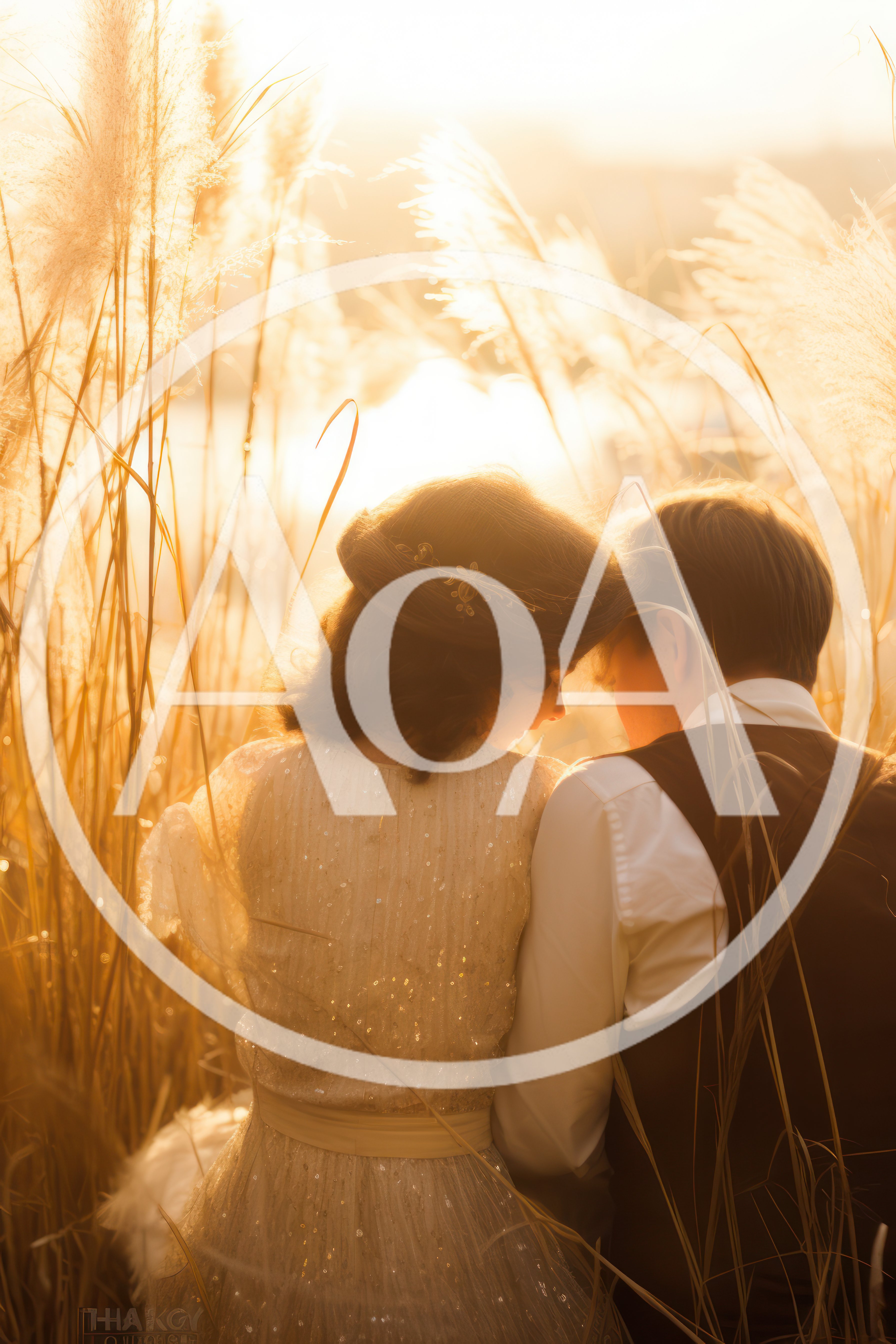 Romantic Couple Sitting Together In Golden Tall Grass