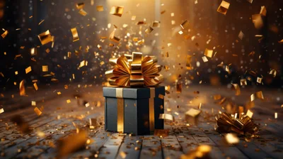 Black Gift Box With Gold Ribbon And Confetti