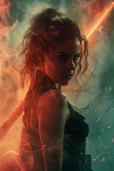 Warrior Woman Standing Amidst Smoke And Glowing Embers