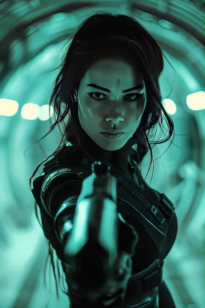 Female Sci-Fi Soldier Aiming Handgun In Futuristic Tunnel