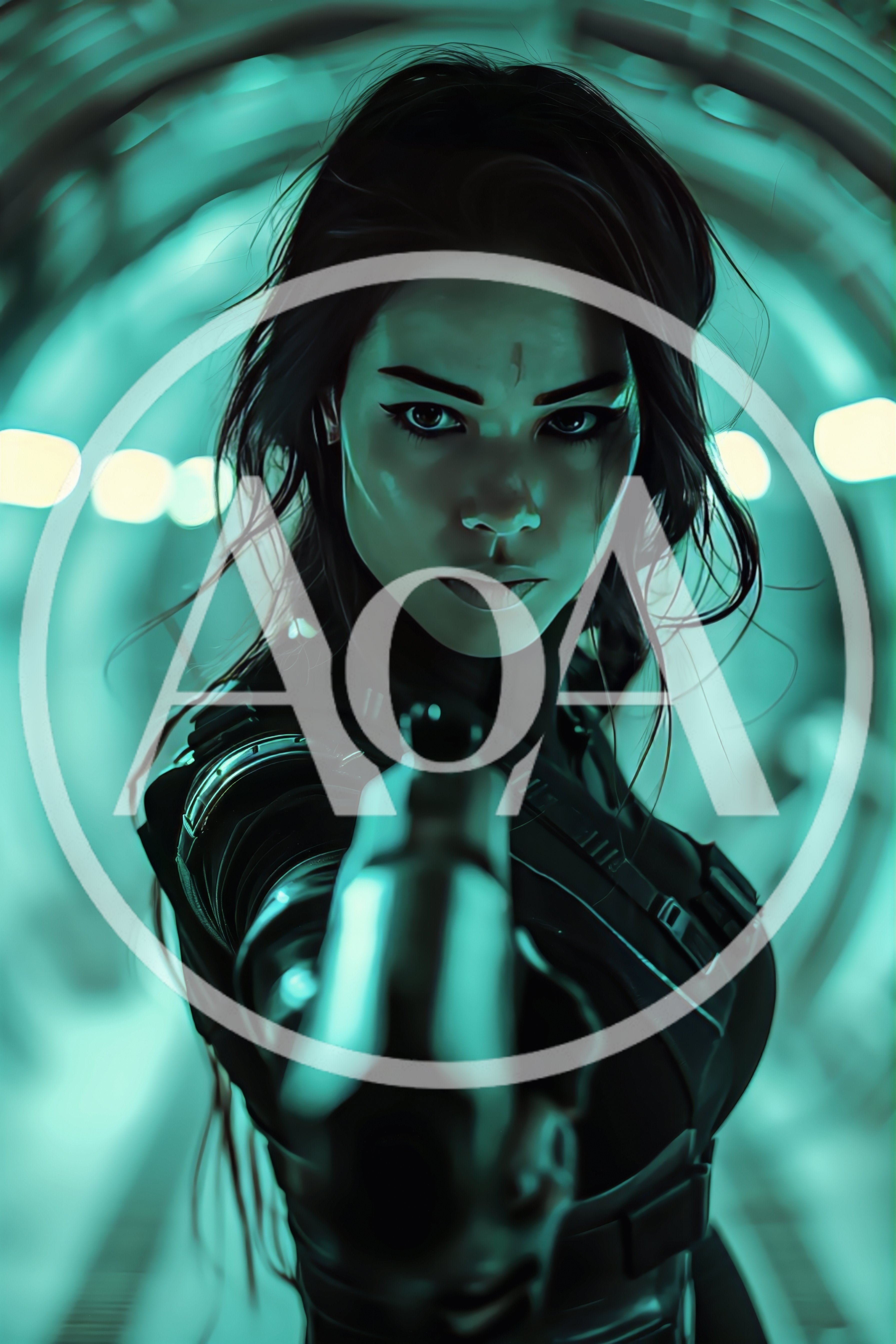 Female Sci-Fi Soldier Aiming Handgun In Futuristic Tunnel
