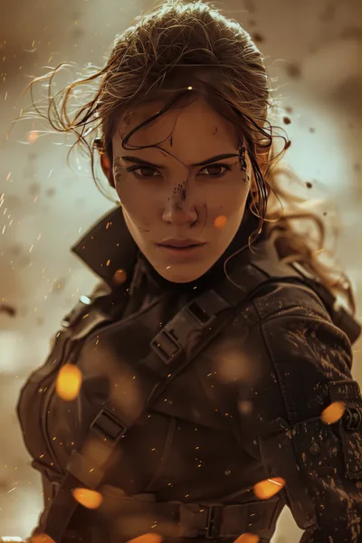 Intense Female Soldier In Tactical Gear Amidst Battlefield Smoke