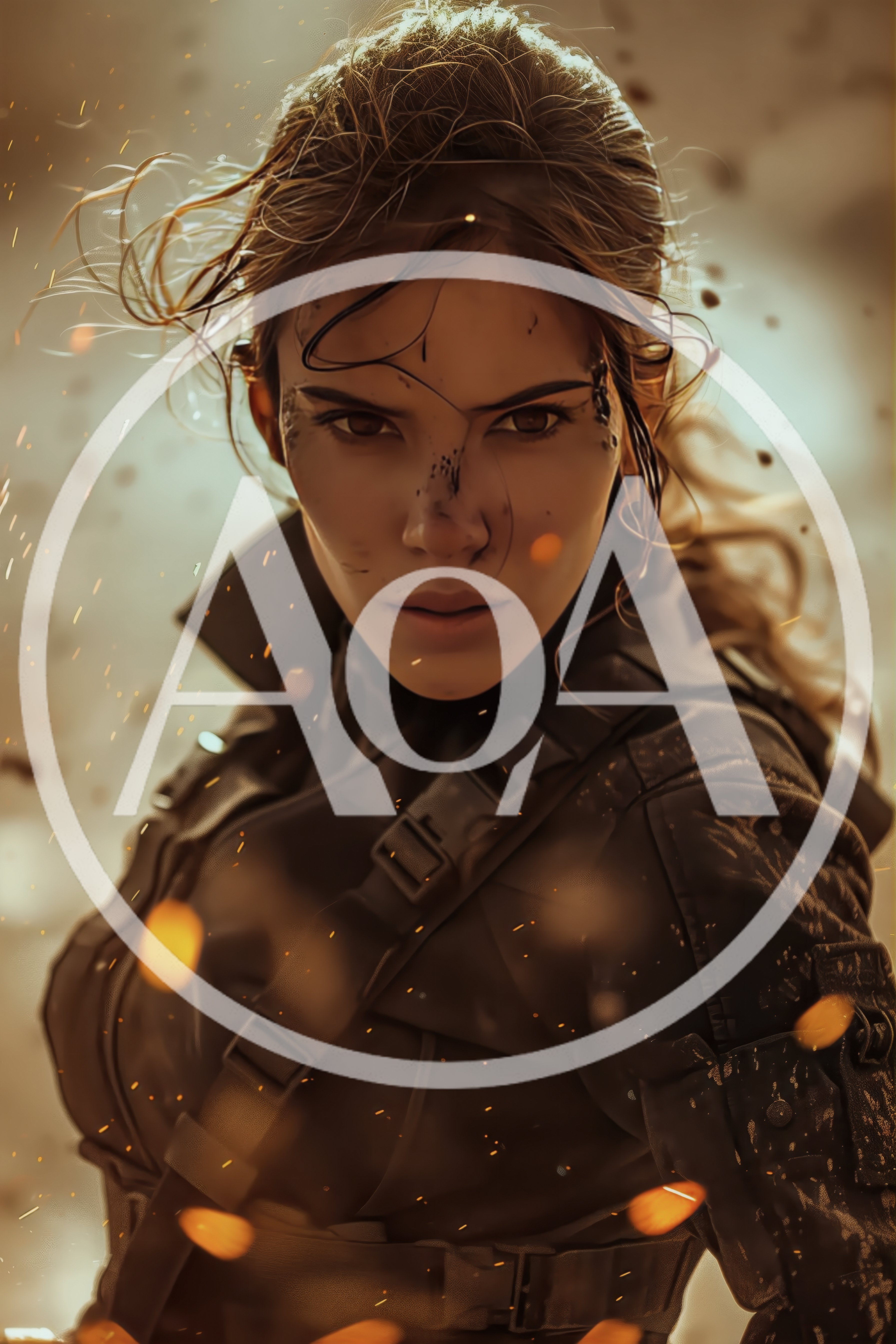 Intense Female Soldier In Tactical Gear Amidst Battlefield Smoke
