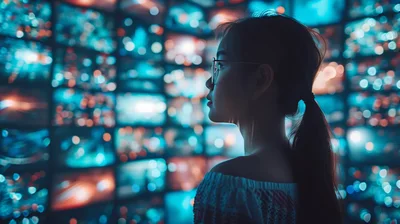 Young Woman Watching Digital Screens In Dark Room