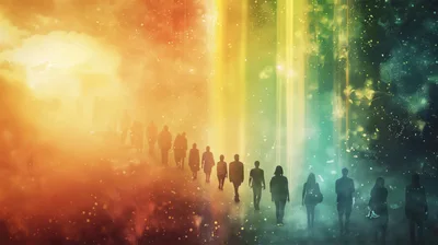 Silhouettes Of People Walking Through A Mystical Light