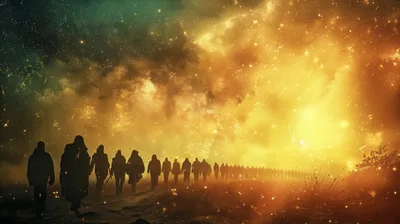 Silhouettes Of A Large Group Walking Toward Golden Light
