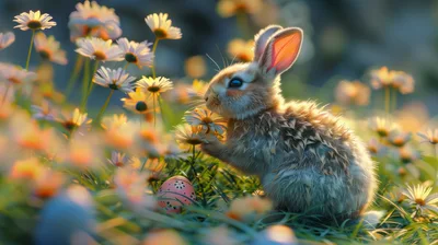 Cute Bunny Rabbit Sniffing A Daisy In A Meadow