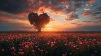 Heart Shaped Tree In A Field Of Flowers